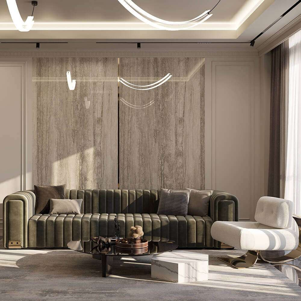 Thiết kế nội thất phòng khách cho nhà ống mang phong cách luxury với nội thất nhung sang trọng