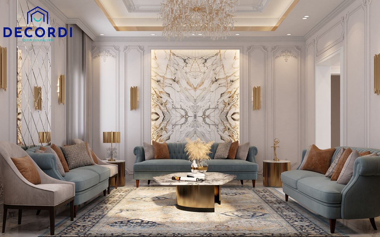 Tổng thể không gian phòng khách đẹp hoàn hảo theo tỷ lệ vàng đặc trưng trong phong cách thiết Cổ Điển