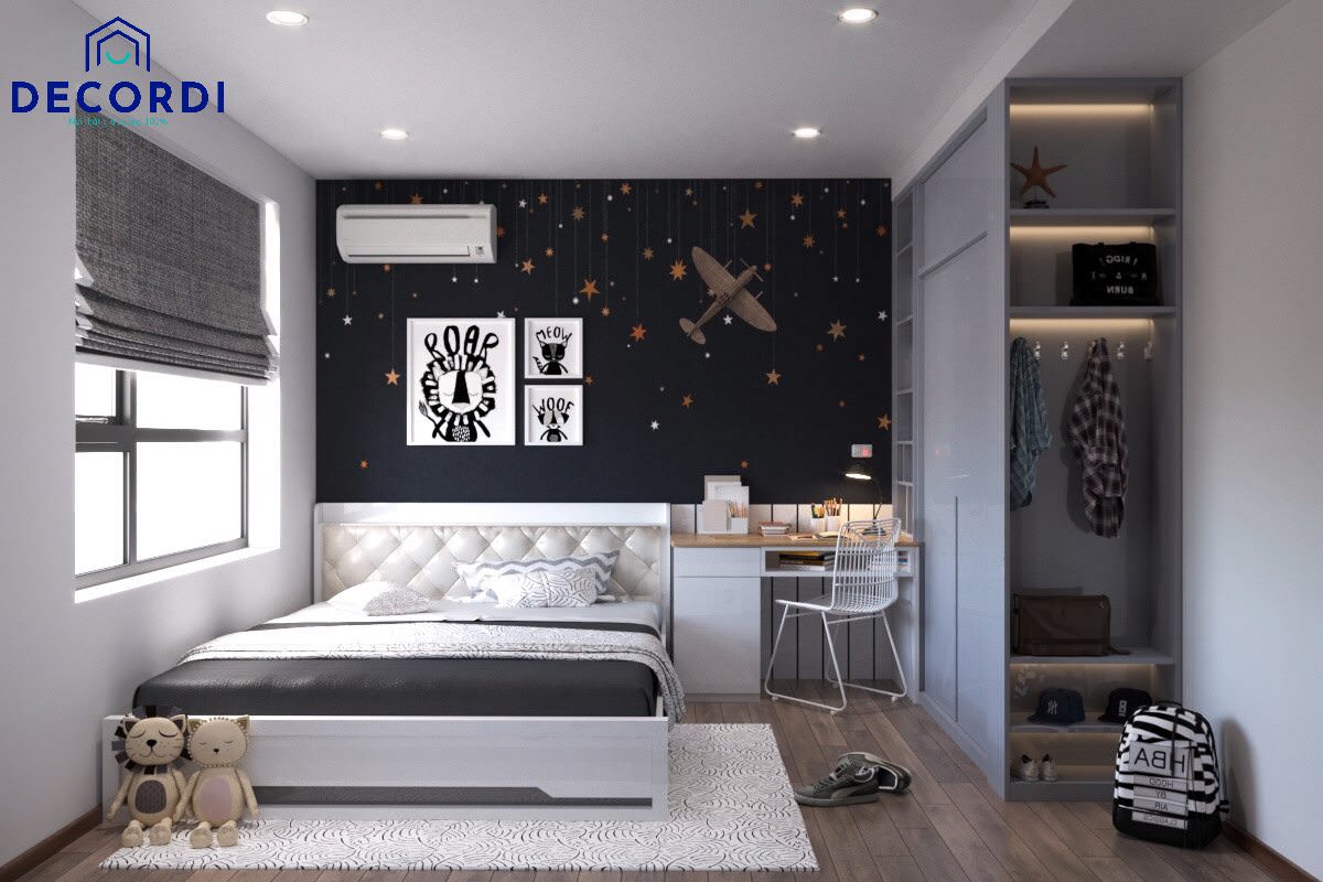 Phòng ngủ tông màu tối nhưng vô cùng bắt mắt cho các bé thích khám phá không gian với gỗ công nghiệp acrylic