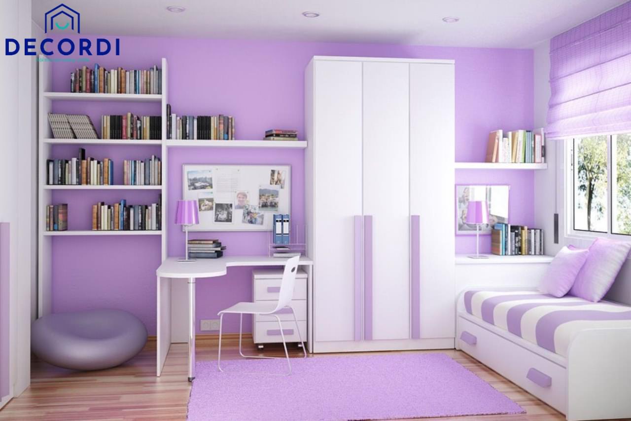 Phòng ngủ gam màu tím trắng nhẹ nhàng với ánh sáng tự nhiên giúp căn phòng luôn tươi sáng