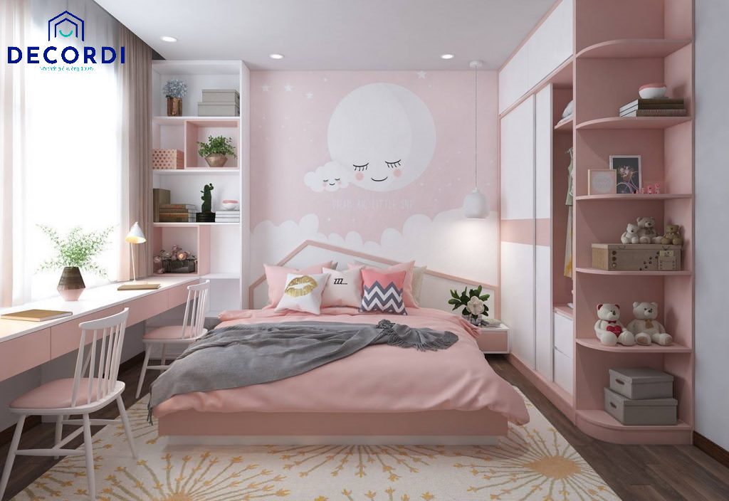 Căn phòng ngủ trông sinh động hơn nhiều với những họa tiết hoa cỡ lớn trên nền tường