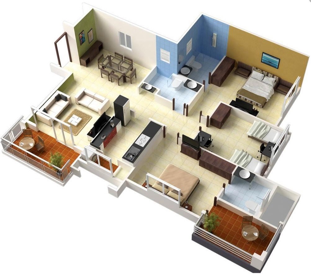 Bản vẽ nội thất 3D với căn chung cư diện tích rộng rãi cùng 3 căn phòng ngủ lớn