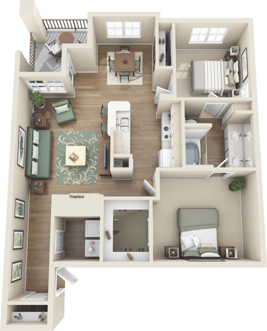 Bản vẽ chi tiết bố trí nội thất chung cư 2 phòng ngủ với khu vực ban công rộng rãi