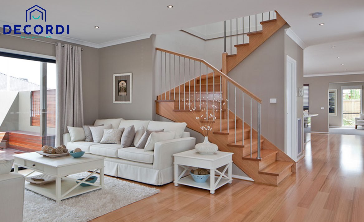 Thiết kế cầu thang phòng khách bằng gỗ tạo điểm nhấn cho không gian