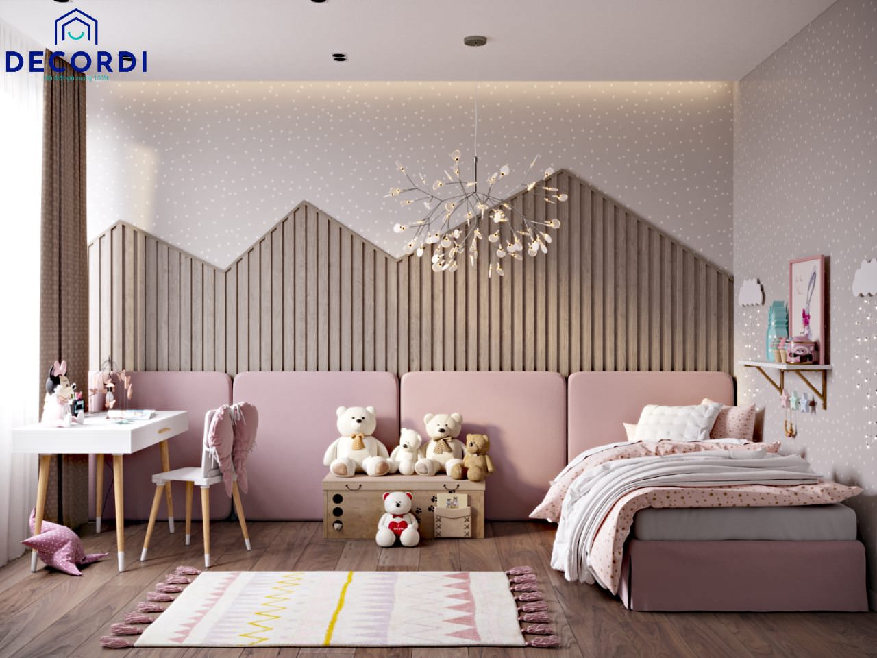 Thiết kế nội thất phòng ngủ dễ thương với tone màu hồng chủ đạo được trang trí bởi những món đồ yêu thích của bé
