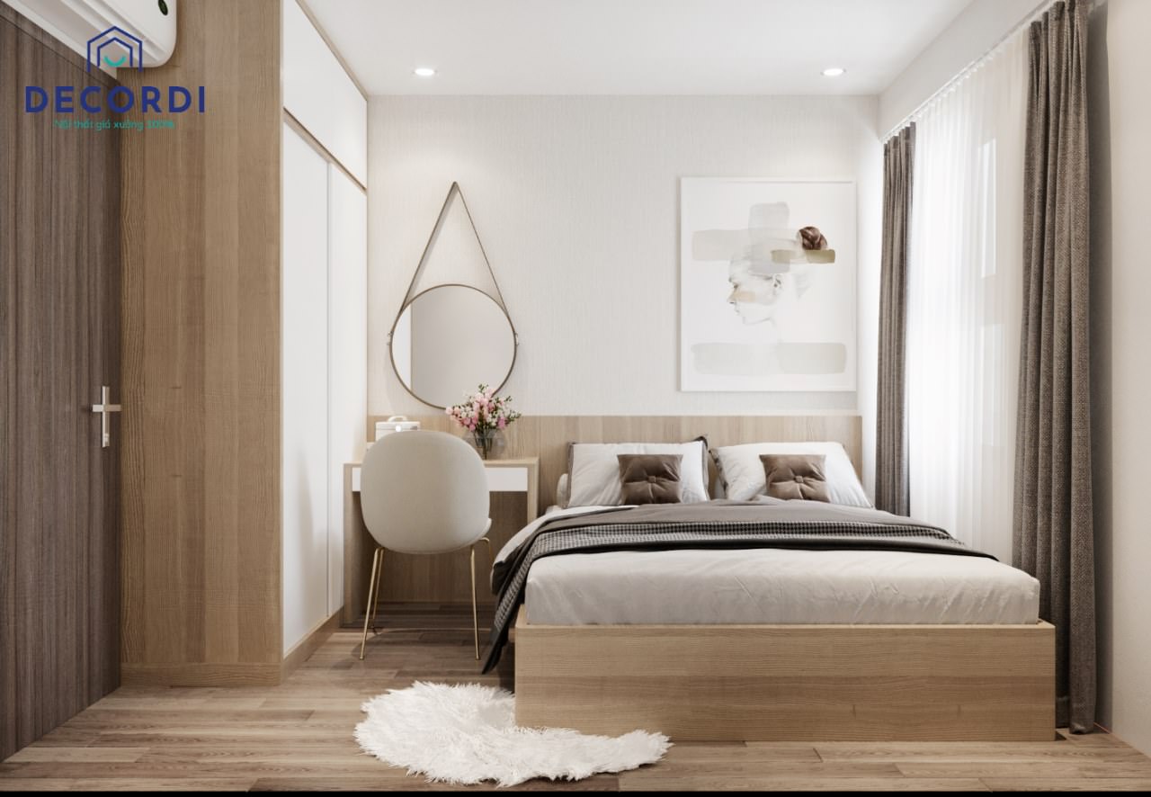 Thiết kế phòng ngủ màu trắng phối với đồ nội thất gỗ màu nâu giản dị, gần gũi