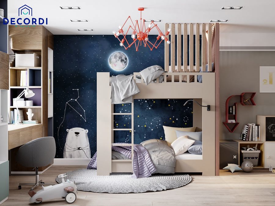 Phòng ngủ có giường tầng cho 2 bé trai được bố trí khoa học kích thích sáng tạo tạo của bé