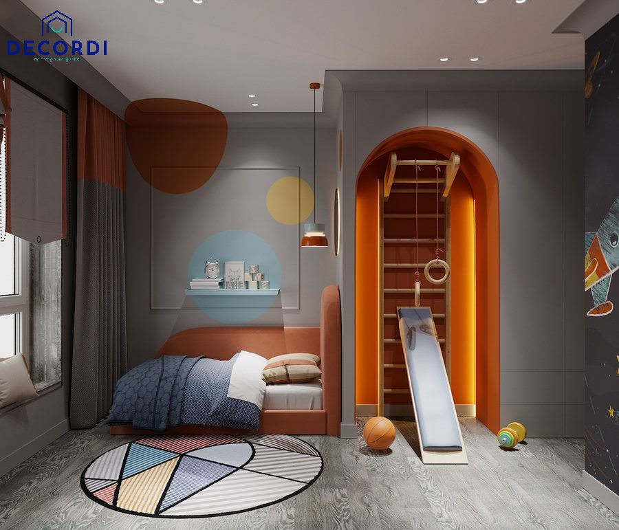 Thiết kế nội thất phòng ngủ màu xám và cam có nơi tập luyện và vui chơi cho bé dưới 10 tuổi