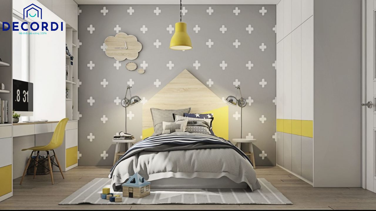 Phòng ngủ với tông màu xám và nhấn vàng gỗ công nghiệp này sẽ làm cho bé thích thú vì sự đáng yêu của nó