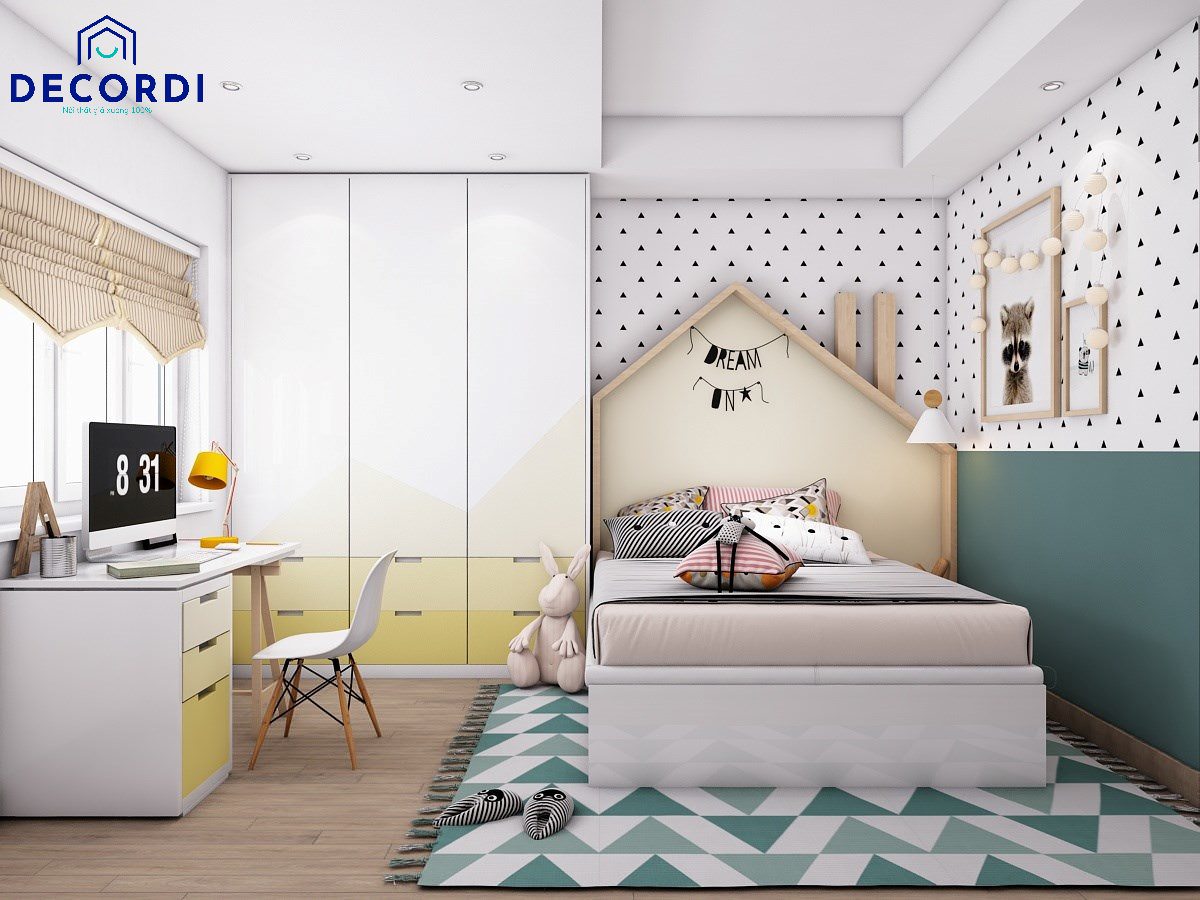 Thiết kế nội thất phòng ngủ hiện đại cho bé với những đường nét cứng cáp, phố màu xanh vàng và trắng nổi bật