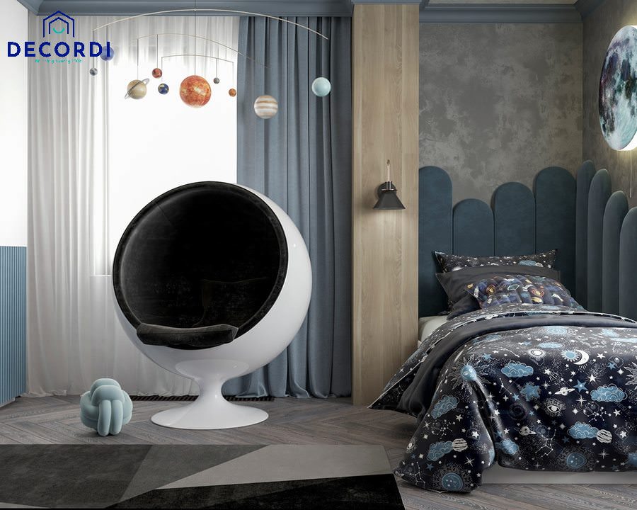 Mẫu phòng ngủ màu xanh họa tiết trang trí vũ trụ hiện đại cho bé trai