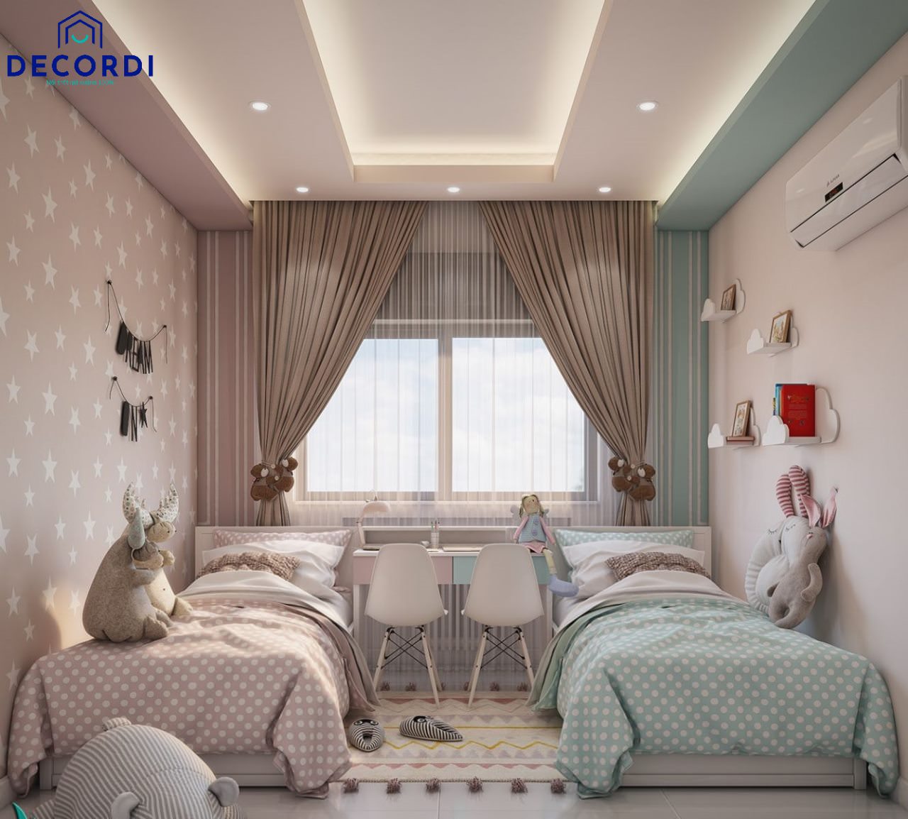 Phòng ngủ chung màu hồng xanh cho 2 bé có cá tính khác nhau