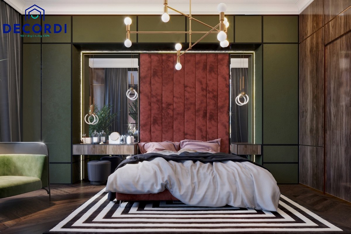 Thiết kế phòng ngủ màu nâu đỏ kết hợp màu xanh lãng mạn