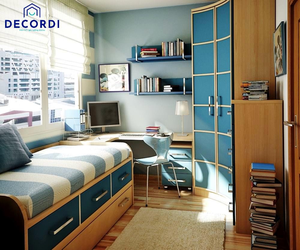 Thiết kế phòng ngủ với cửa sổ lớn và màu sắc tươi sáng kết hợp nhiều ngăn kéo đựng đồ tiện lợi