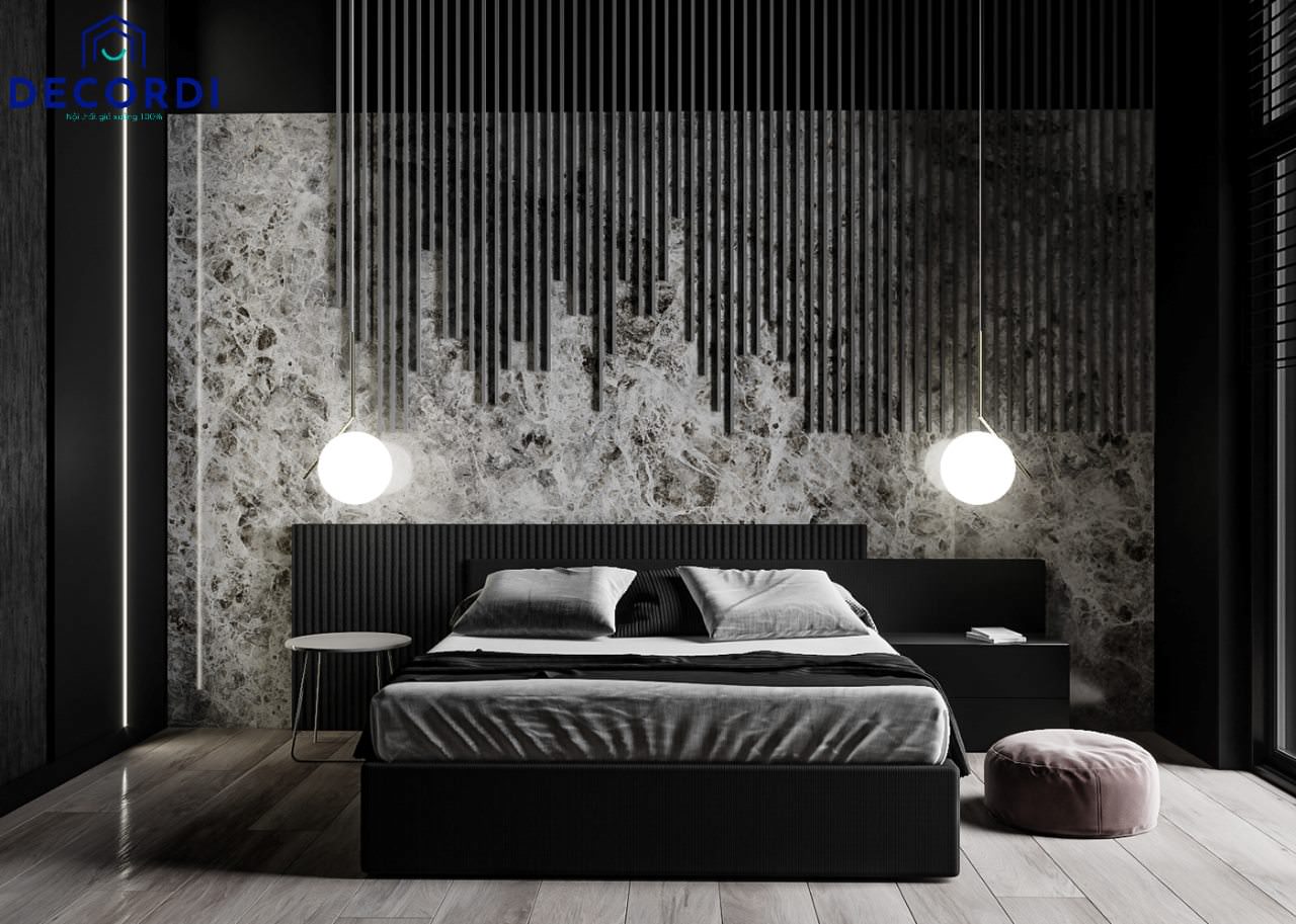 Phòng ngủ màu đen cho những người mệnh thủy và mộc, được tạo thêm điểm nhấn ấn tượng với đá màu sáng