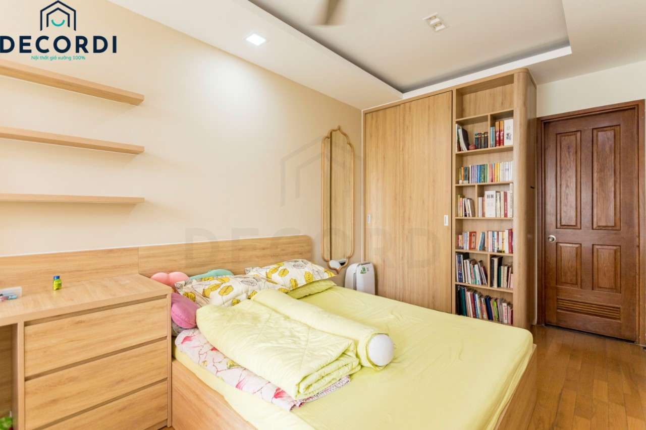Phòng ngủ bé tone màu gỗ chất liệu MDF Phủ Melamine ,tủ áo kết hợp kệ sách