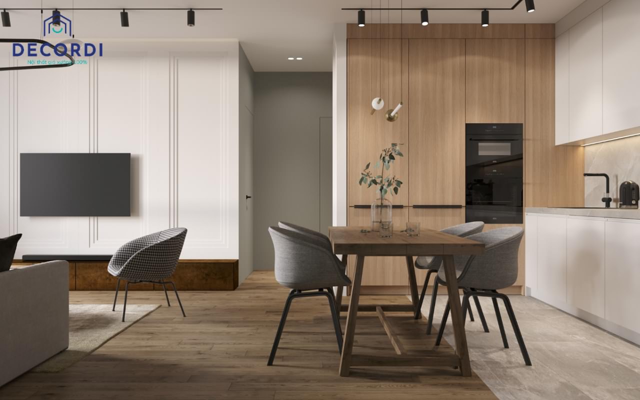 Thiết kế nội thất chung cư 65m2 đẹp hiện đại nhất 2021 thiet ke noi that phong khach lien bep 1