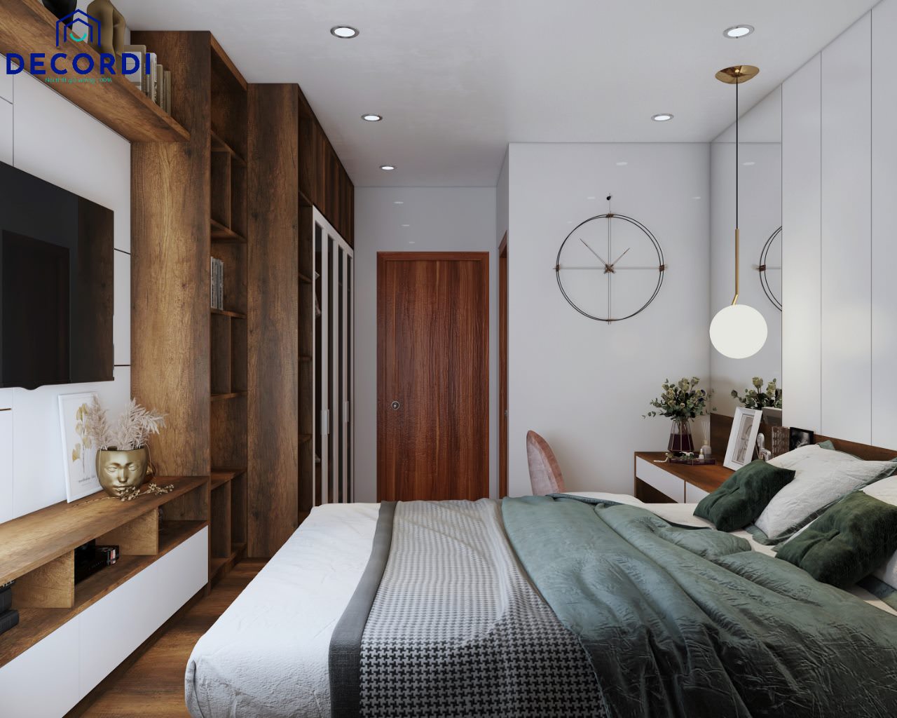 Hệ thống tủ trang trí lớn giúp lưu trữ và trang trí phòng ngủ được nhiều đồ lưu niệm, bên cạnh đó là vách ốp đầu giường gỗ, căn phòng ngủ trở nên ấm áp và tiện nghi
