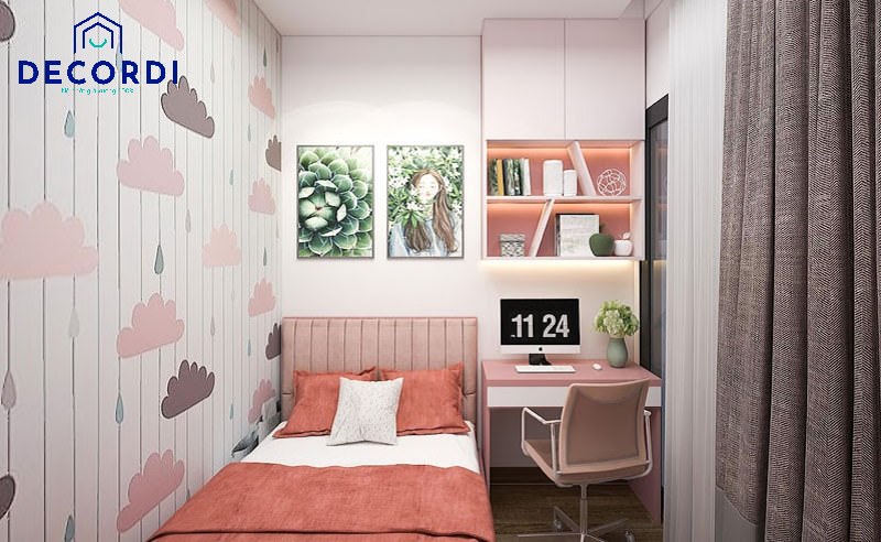 Phòng ngủ nhỏ sang trọng dễ thương cho con gái nhờ bố trí màu sắc và chất liệu