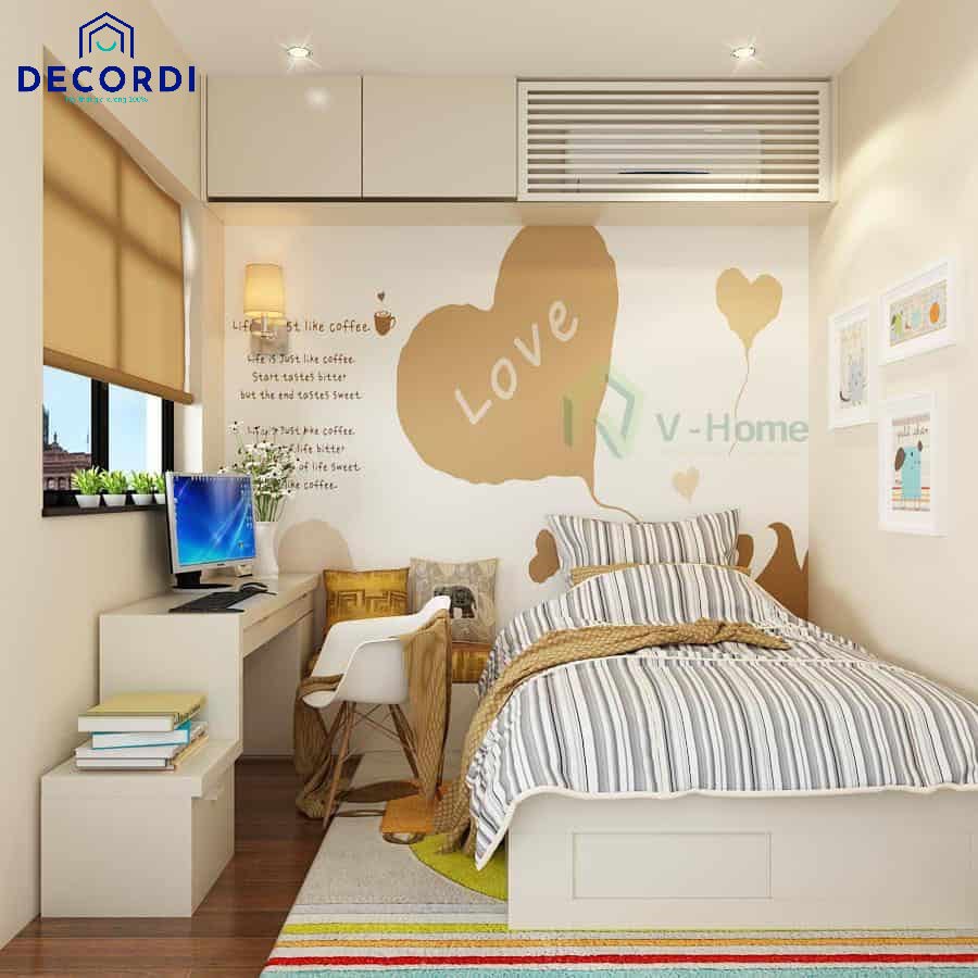Phòng ngủ sử dụng giấy dán tường dễ thương và nội thất liền kề