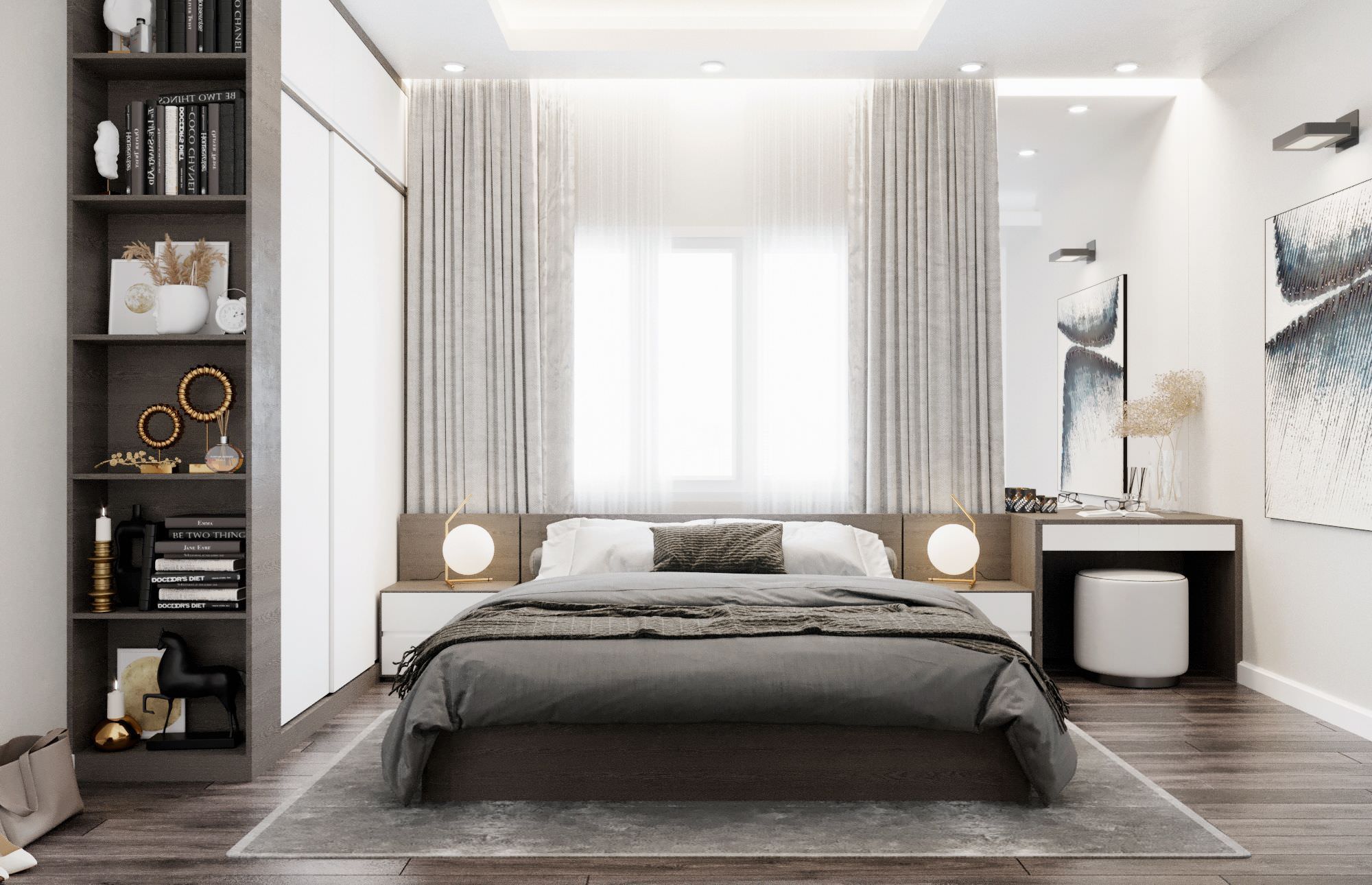 Vách ốp đầu giường cùng tone màu gỗ sáng màu với tone màu chủ đạo của phòng tạo sự hài hòa, kết nối