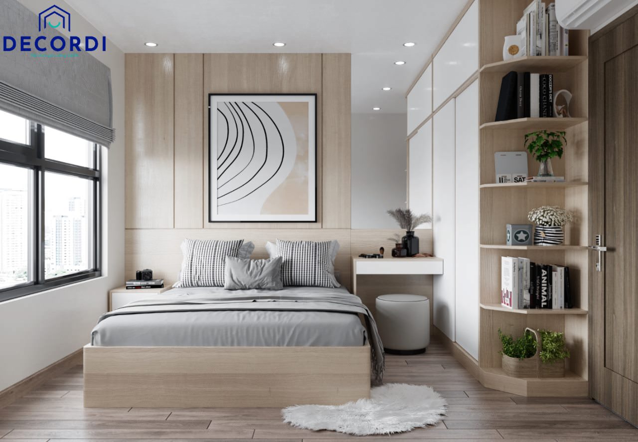 Nội thất phòng ngủ sang trọng với vách đầu giường ốp gỗ, phòng tủ lớn tông màu gỗ và màu trắng làm chủ đào vô cùng hài hòa