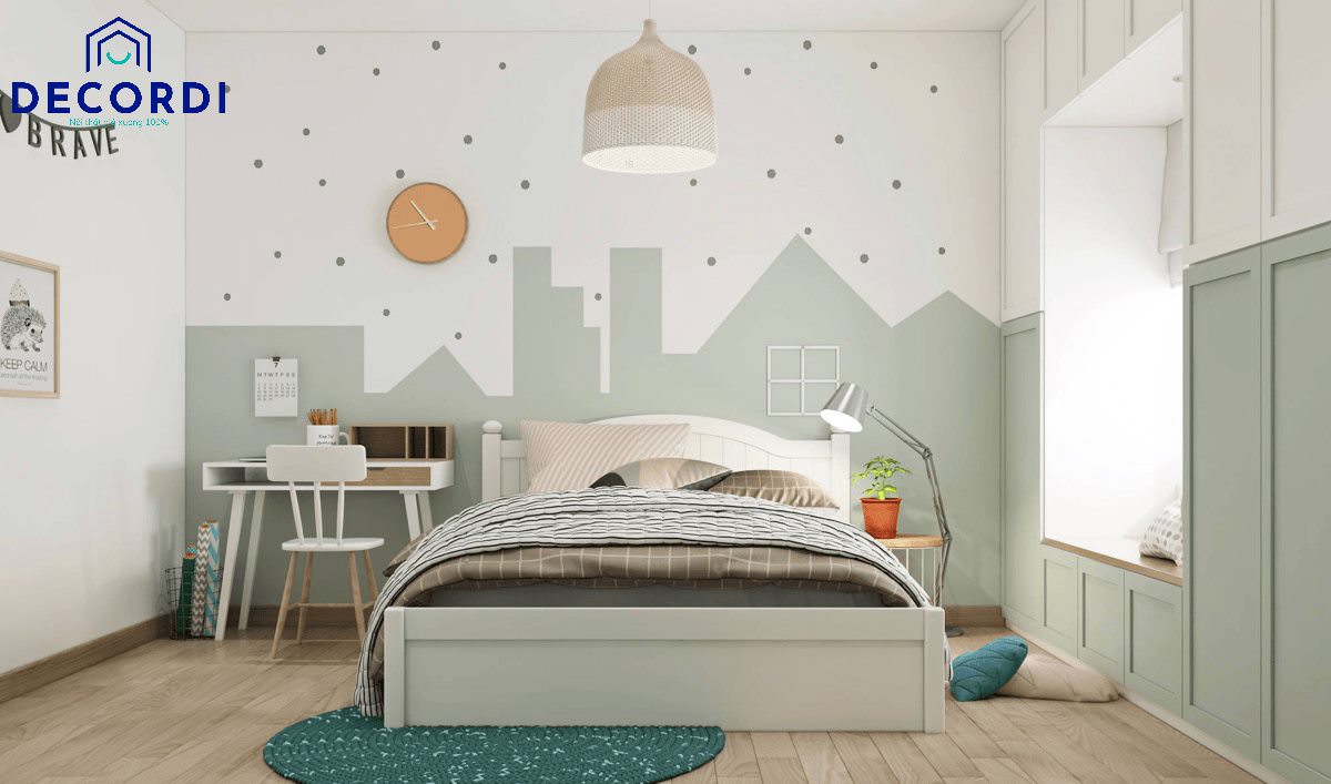 Mẫu thiết kế phòng ngủ cho bé với gam màu xanh và đồ trang trí dễ thương cho các bé