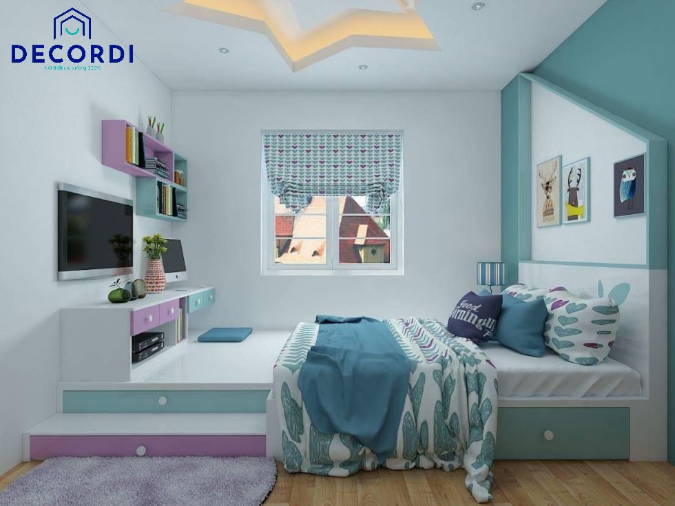 Mẫu thiết kế phòng ngủ 9m2 với giường bục giật cấp, kệ trang trí âm tường