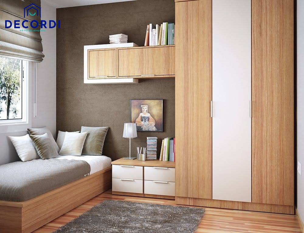 Mẫu thiết kế nội thất phòng ngủ nhỏ 4m3 tiện nghi với tone màu vân gỗ
