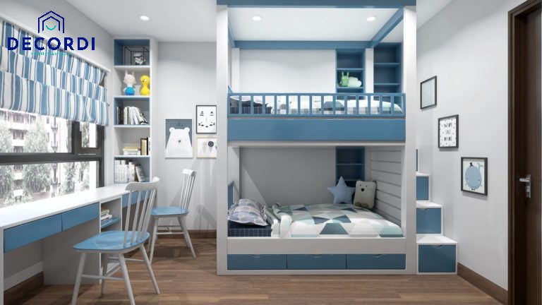 Phòng ngủ có giường tầng cho 2 bé với không gian rộng và thoáng mát