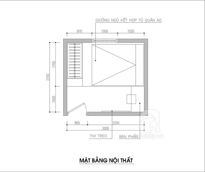 Thiết kế phòng ngủ nhỏ 10m2 với chiếc giường kê áp sát tường tủ quần áo
