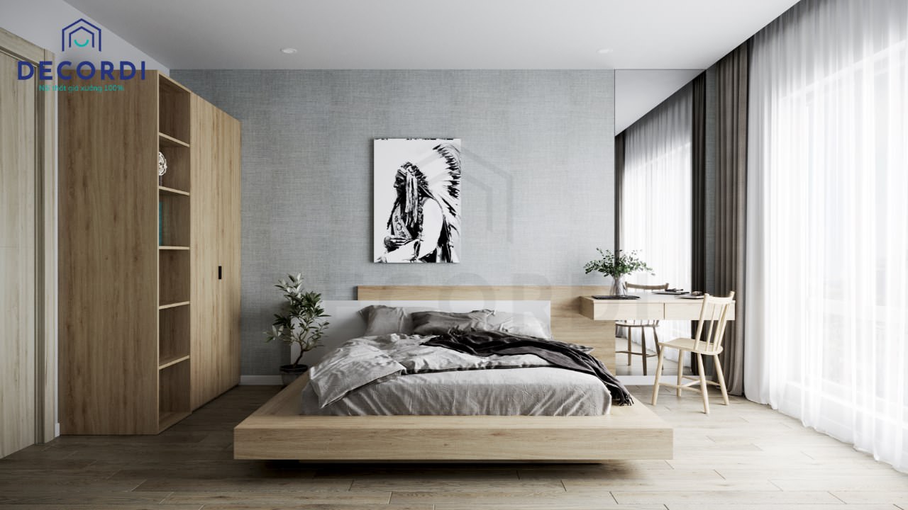 Phòng ngủ tối giản kiểu nhật gam màu xám chủ đạo và bộ nội thất gỗ tiện nghi