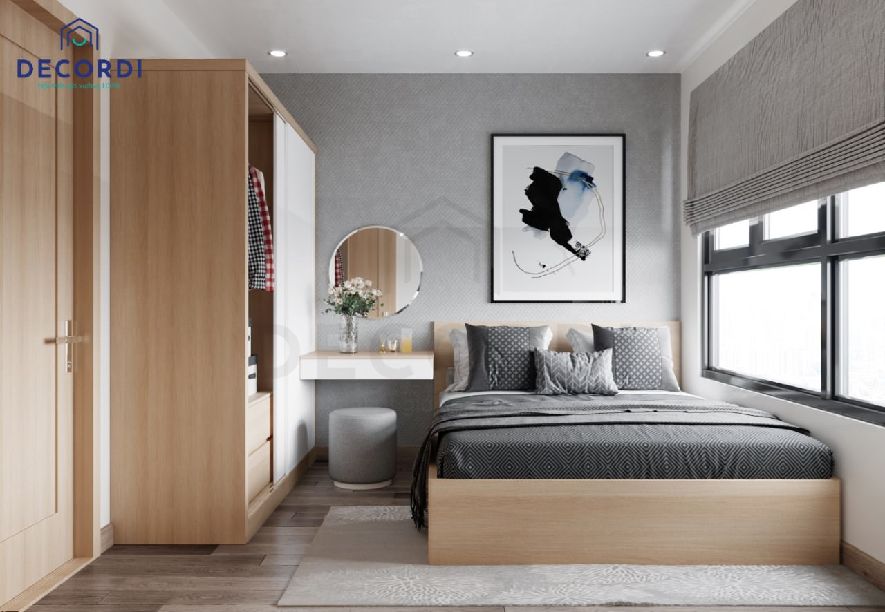 Phòng ngủ màu xám với bộ nội thất gỗ công nghiệp màu nâu sáng tạo sự ấm cúng cho căn phòng