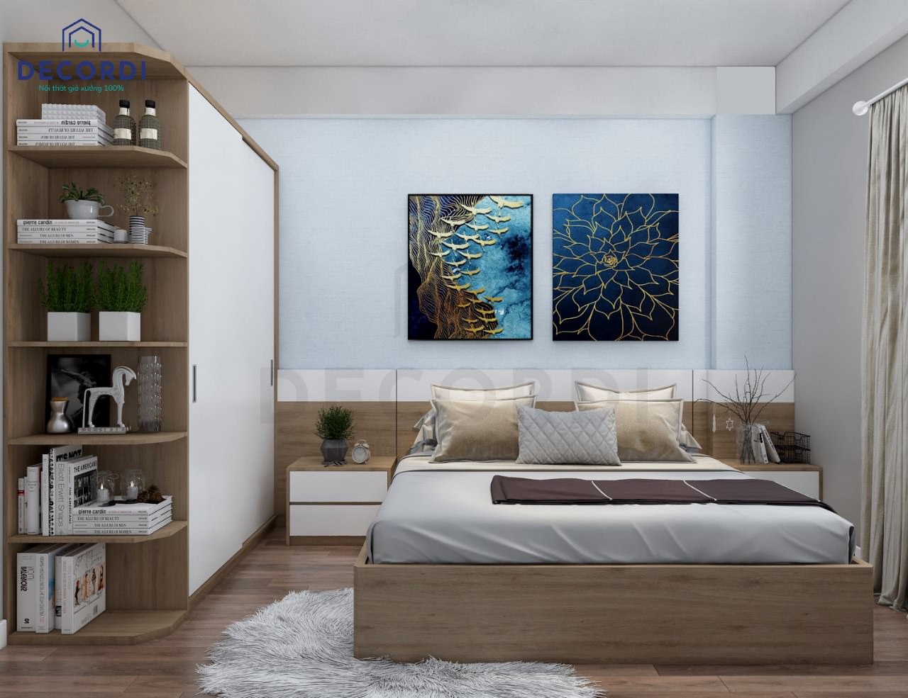 Không gian nội thất phòng ngủ tiện nghi với đồ trang trí màu xanh tượng trưng cho mệnh thuỷ