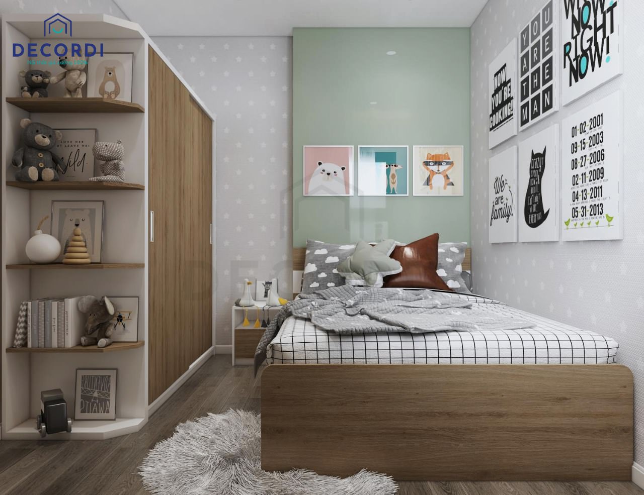 Thiết kế phòng ngủ nhỏ dành cho bé thật dễ thương với bộ nội thất gỗ phối cùng giấy dán tường độc đáo