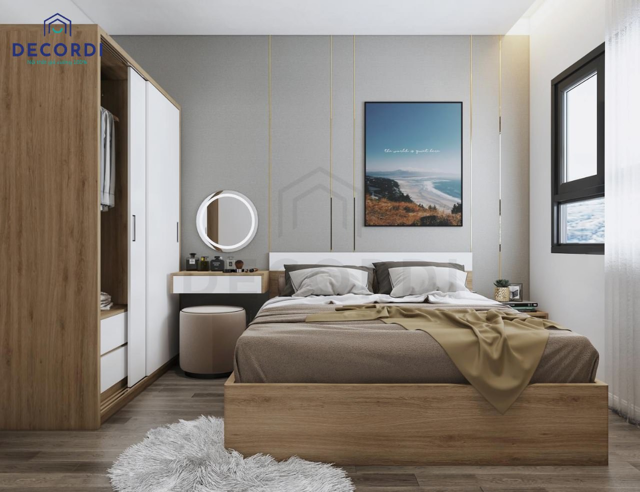 Phòng ngủ master sử dụng chất liệu gỗ mang lại không gian ấm áp, gần gũi cho gia đình