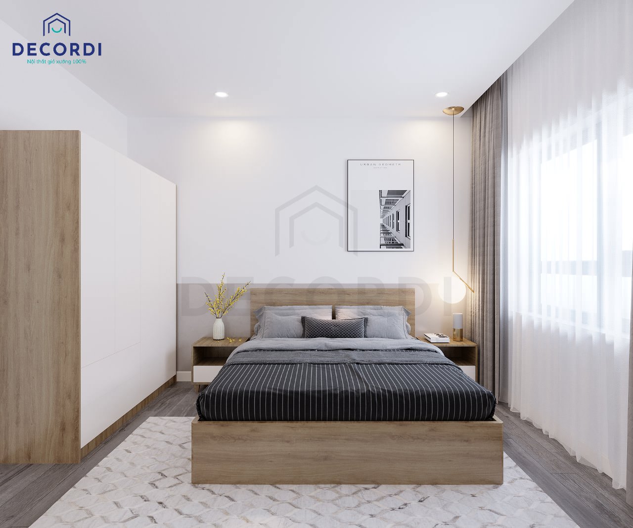Phòng ngủ ngập ánh sáng với cửa sổ lớn, sử dụng nội thất với gam màu xanh phong cách luxury