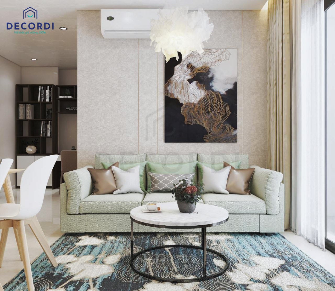 Decor phòng tiếp khách đơn giản và giản dị với màu sắc kem phối hợp cỗ sofa quấn vải vóc ghi sáng sủa cho tới gia công ty mệnh Kim