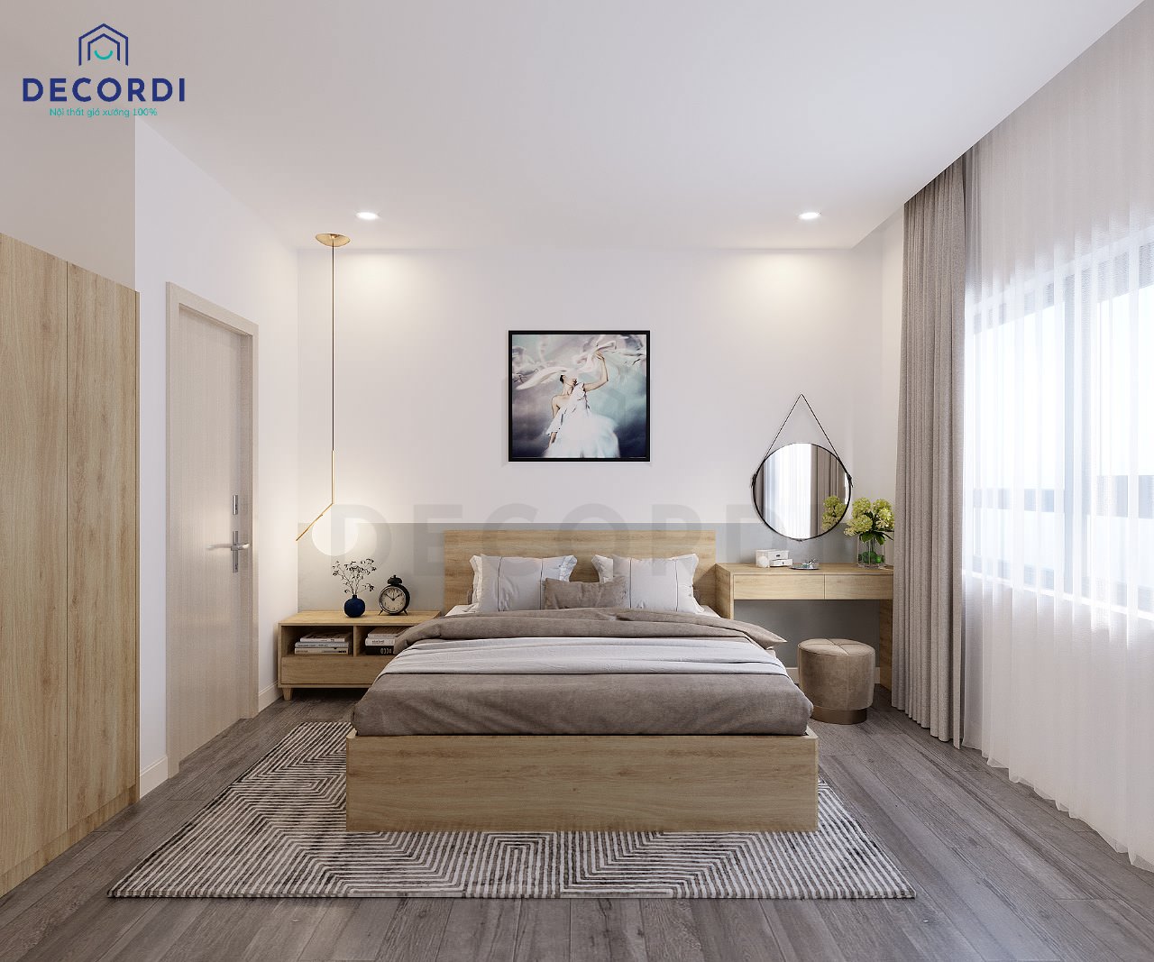 Bộ nội thất phòng ngủ 12m2 đơn giản chất liệu gỗ công nghiệp bền đẹp, tiện nghi cho 2 vợ chồng