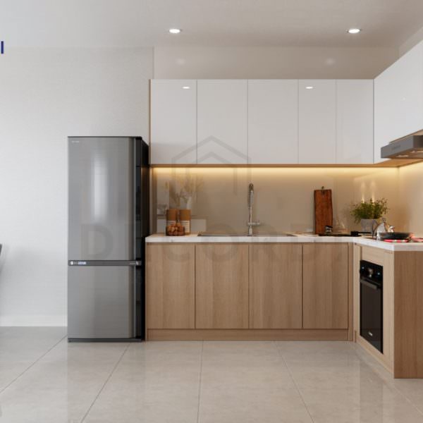 Phòng bếp nhà chung cư với chất liệu gỗ công nghiệp