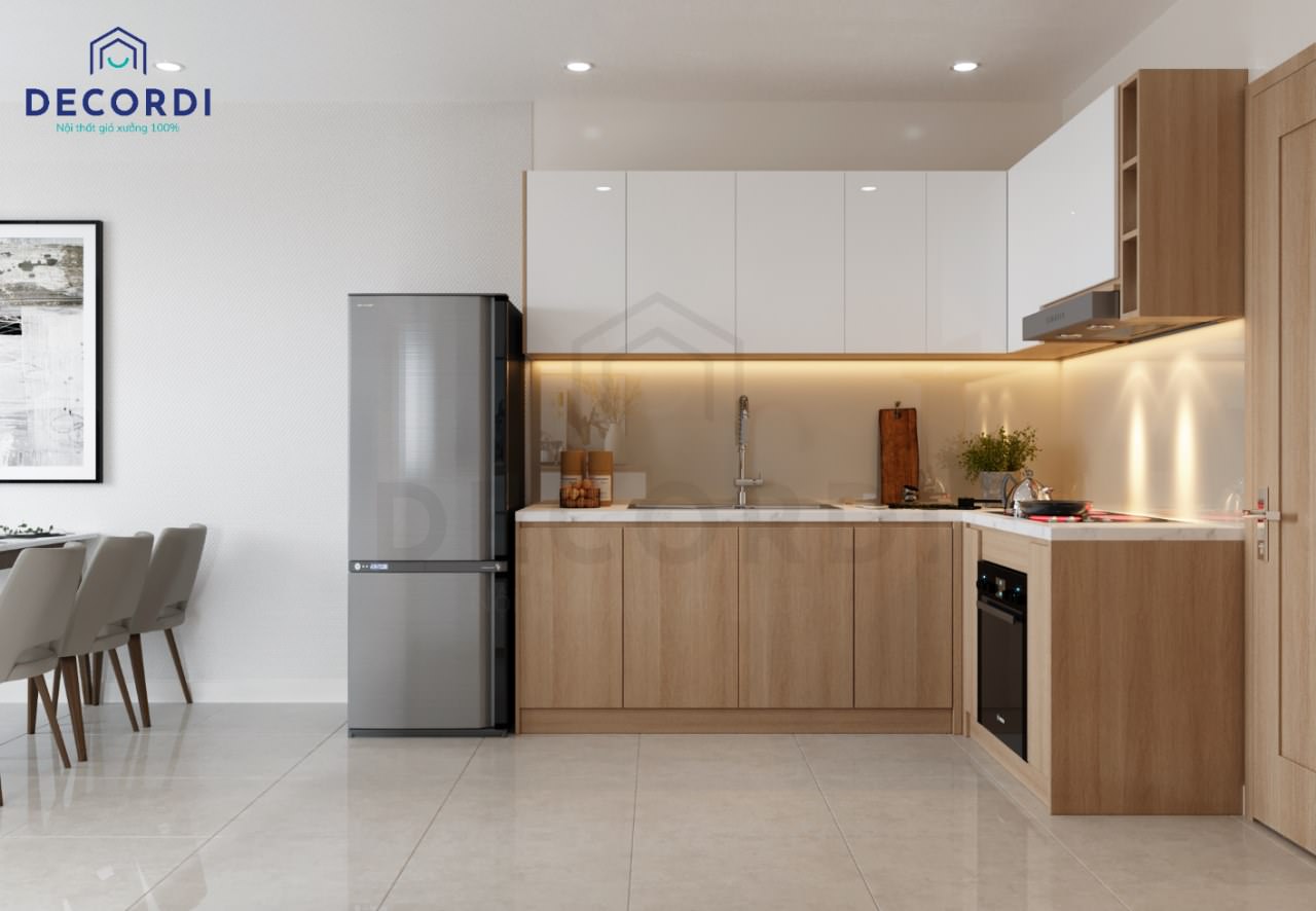 Thiết kế phòng bếp hiện đại với tủ bếp gỗ Melamine chống ẩm