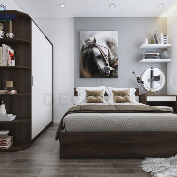Không gian nội thất phòng ngủ với gam màu trung tính