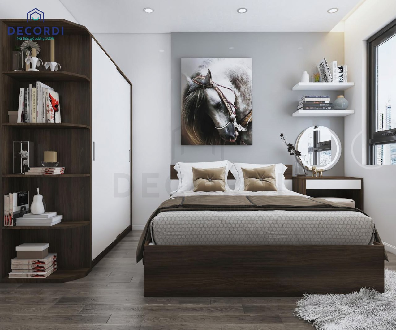 Không gian nội thất phòng ngủ với gam màu trung tính