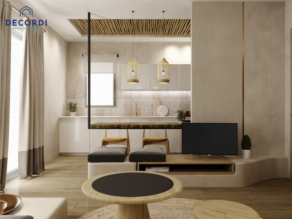 Thiết kế nội thất phòng khách liền bếp cho không gian phong cách Địa Trung Hải