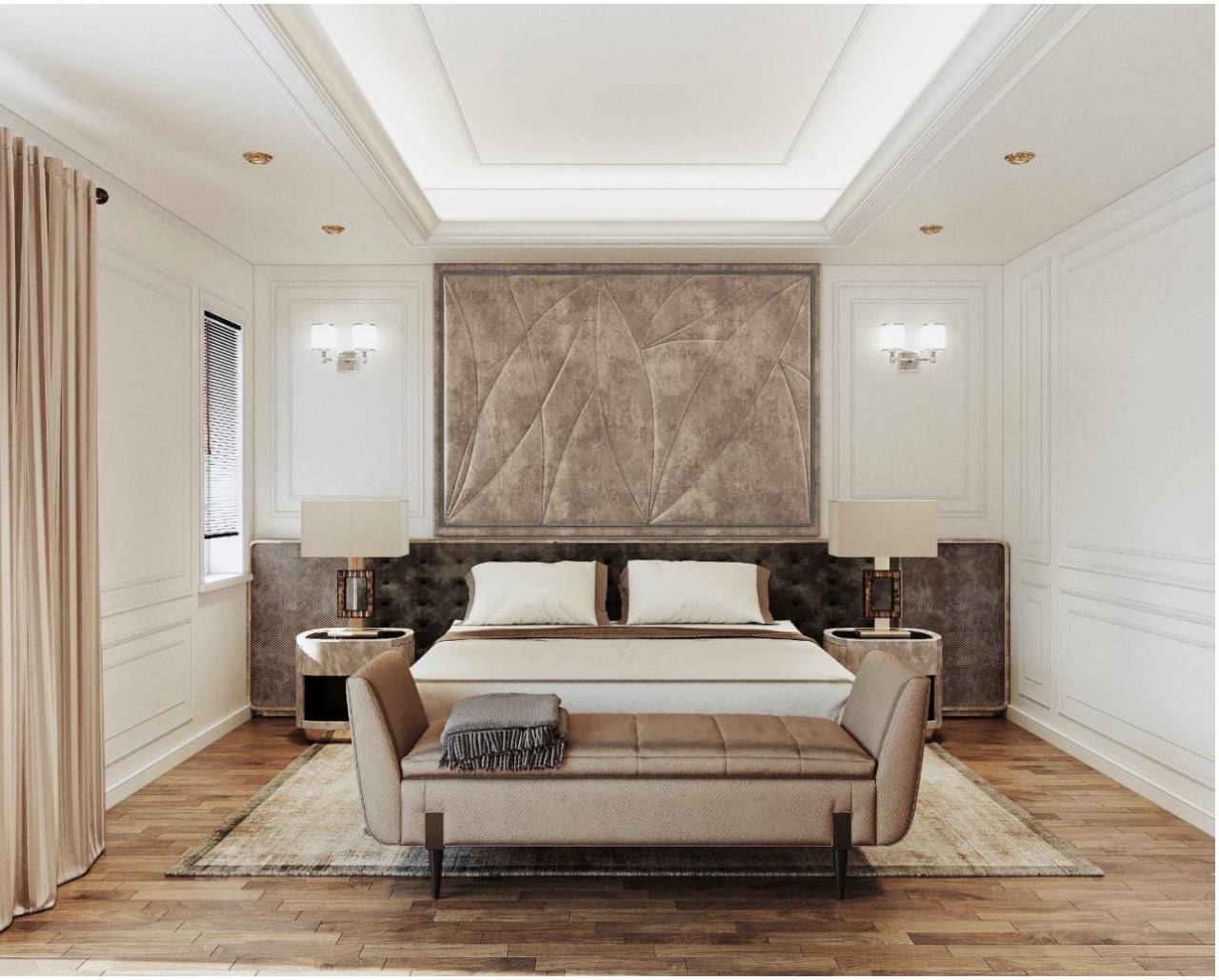 Thiết kế phòng ngủ master phong cách tân cổ điển với gam màu beige ấm cúng