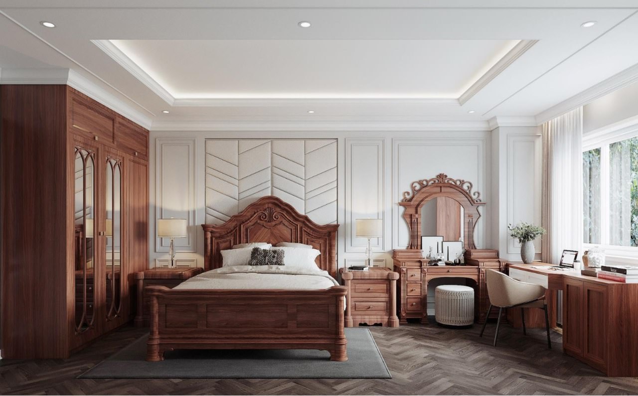 Bàn trang điểm gỗ tự nhiên phong cách cổ điển tông màu nâu đẹp mắt cho phòng ngủ vợ chồng