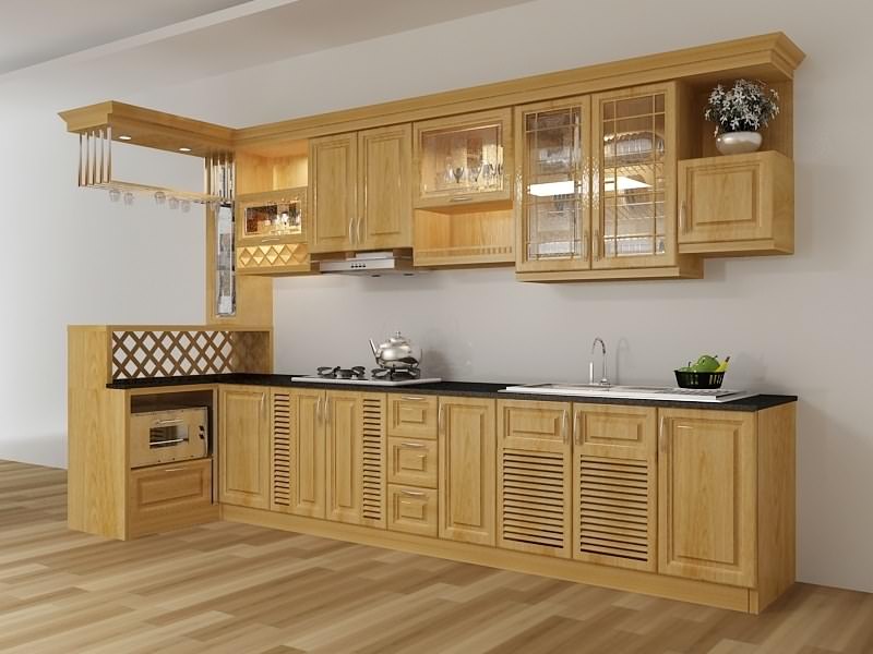 Tủ bếp gỗ xoan màu sắc nhạt đơn giản với giá thành phải chăng