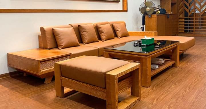 Bộ bàn ghế gỗ tần bì bọc da cho phòng khách thêm sang trọng