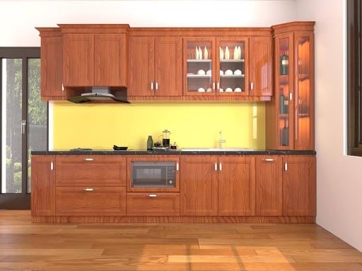 Hệ tủ bếp làm từ gỗ xoan đào hiện đại