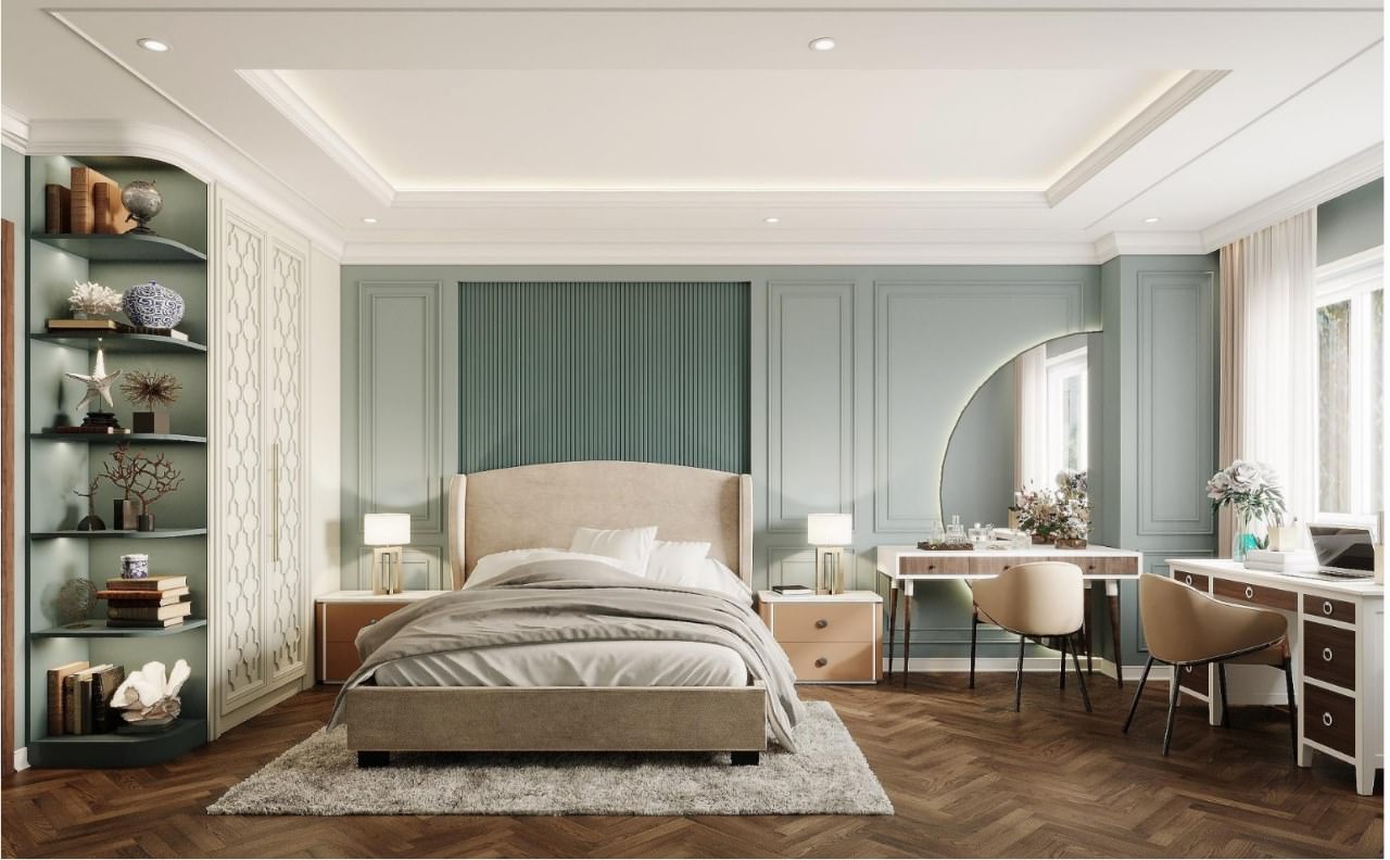 Thiết kế phòng ngủ màu 30m2 màu xanh ngọc phong cách hiện đại đan xen nét tân cổ điển thanh lịch